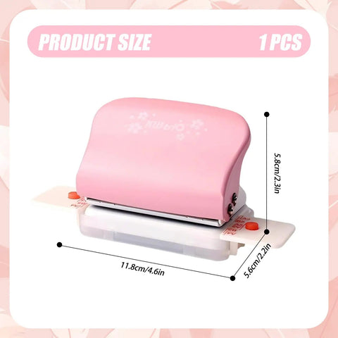 Pink adjustable 6 hole punch for diary planner and binder pages, 5.5mm round holes, shown with dimensions and product size details.