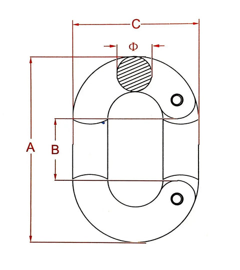 Stainless Steel 316 Chain Connecting Link Marine Grade 5/16 Inch Rope Anchor Connector technical drawing with dimensions.
