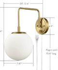 Gold Plug In Wall Sconce With Milk Glass Shade Globe Lighting Brass Swing Arm Wall Light Fixture For Hallway Bathroom Bedroom One Light On Off Switch ETL Listed Modern Minimalist Home Decor image with measurements.