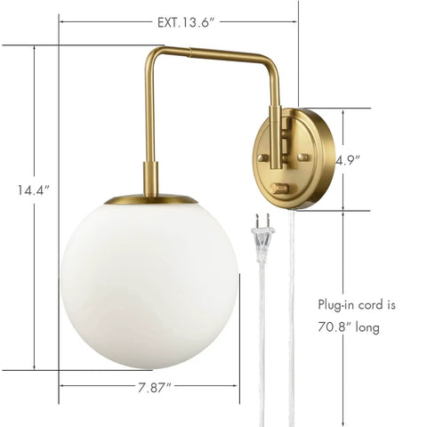 Gold Plug In Wall Sconce With Milk Glass Shade Globe Lighting Brass Swing Arm Wall Light Fixture For Hallway Bathroom Bedroom One Light On Off Switch ETL Listed Modern Minimalist Home Decor image with measurements.