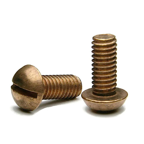 Slotted Round Head Silicon Bronze Machine Screws Size Ten Twenty Four One And Three Quarters Inches Long Quantity Twenty Five For Marine And Outdoor Projects Built To Last Corrosion Resistant Fasteners For Hardware And DIY, metal screws displayed on white background
