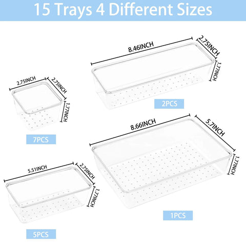 Clean Up Your Counters With This Super Solid 15 Piece Clear Plastic Drawer Organizer Set With Premium Stackable Tray Layout showing 15 trays in 4 sizes.