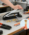 Heavy Duty H8 Hose Crimping Kit For Desk Or Portable Use With Five Die Sizes, brass ferrules, pliers on workspace.