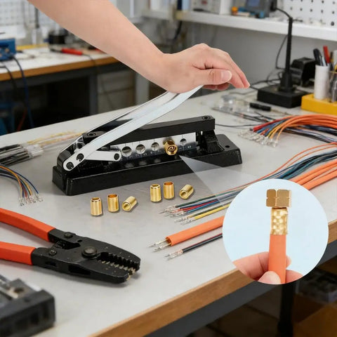 Heavy Duty H8 Hose Crimping Kit For Desk Or Portable Use With Five Die Sizes, brass ferrules, pliers on workspace.