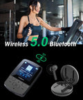 Woman using Bluetooth 5.2 MP3 Player with HiFi Sound, Pocket Sized for Gym, Sports Clip, Earphones Included, No Built In Storage.