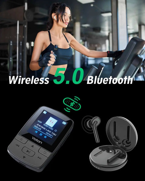 Woman using Bluetooth 5.2 MP3 Player with HiFi Sound, Pocket Sized for Gym, Sports Clip, Earphones Included, No Built In Storage.
