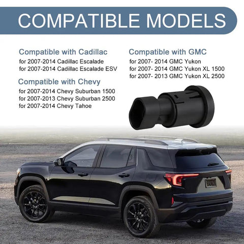 Image showing Rear Liftgate Glass Release Switch For SUV with list of compatible models, including Cadillac and Chevy SUVs, close-up view.