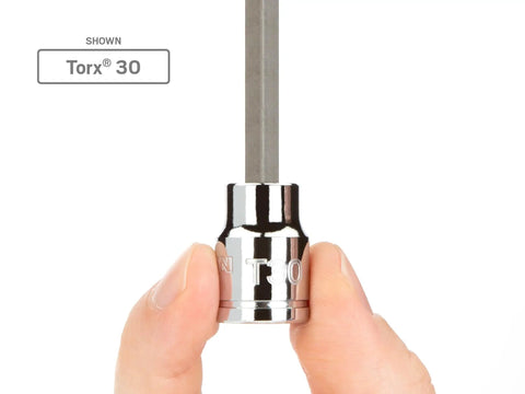 Close-up of Torx 30 bit from Three Eighths Inch Drive Socket Set With Hex Torx Phillips Slotted And Square Bit Sockets, 53 Piece Go To Kit For Home Auto And DIY Projects Beast Gear.
