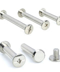 Badass 304 Stainless Steel Binding Screws With Knockout Nickel Polish Designed For Tough Leather Work Bookbinding Albums And Scrapbooking Gear Comes With M2 Through M6 Chicago Nail Rivet Bolts Sized Perfectly For 38Mm Thick Materials on a white background.