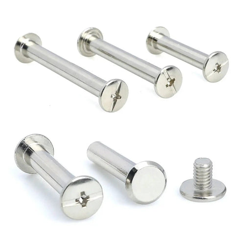 Badass 304 Stainless Steel Binding Screws With Knockout Nickel Polish Designed For Tough Leather Work Bookbinding Albums And Scrapbooking Gear Comes With M2 Through M6 Chicago Nail Rivet Bolts Sized Perfectly For 38Mm Thick Materials on a white background.