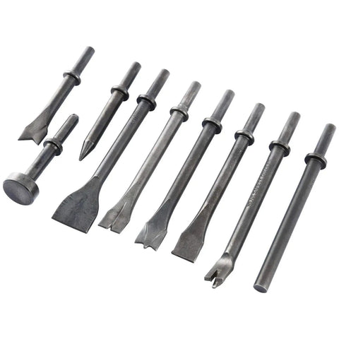 9-Piece Pneumatic Chisel Set For Air Hammer, Punch And Chipping Bits, Includes Nine Unique Shapes, 0.39 Inch Round Shanks shown