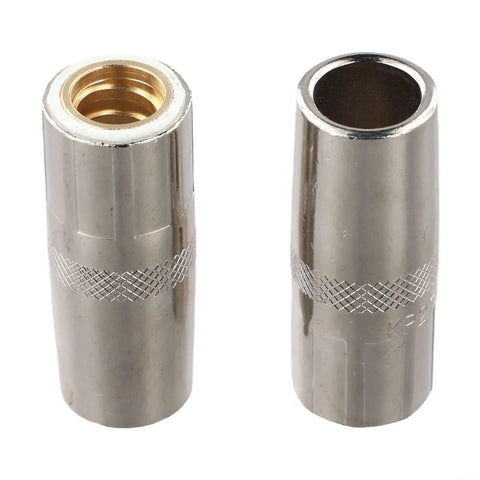Premium 5-Pack 5/8 Inch Threaded Mig Gas Nozzles For Lincoln Welders 350 Amp Copper Torch Parts showing two nozzles.