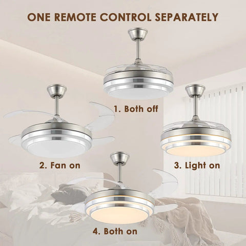 Slick Retractable Blades Ceiling Fan With Lights Remote Control For Bedroom Living Room Office Kitchen Dining 42 Inch