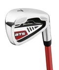 Close-up of Junior Left Handed 7 Iron Golf Club For Boys 9 To 12 33.5 Inch Length Red Black Shaft High Launch Performance Flexible Composite Shaft For Easy Green Hits