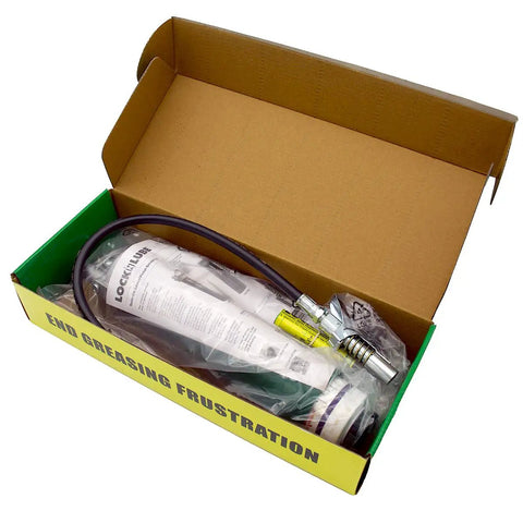 Spin On Lever Grease Gun Kit With 20 Inch Hose Inline Swivel Included Fourteen And A Half Oz Threaded Grease Tube in packaging
