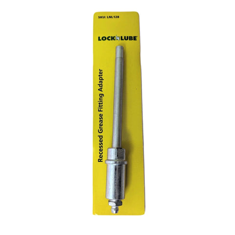 LockNLube recessed grease fitting adapter on yellow packaging; metal shaft with hex near bottom.