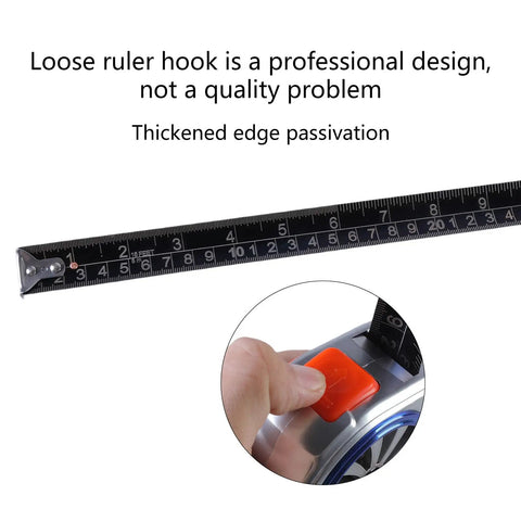 Rugged Steel Tape Measure With Handy Pocket Clip for Home Projects and Pro Craftwork showing loose hook and button detail.
