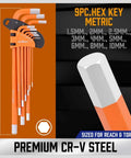 9-piece metric hex key set with long orange handles, size range 1.5mm to 10mm, premium chrome vanadium steel.