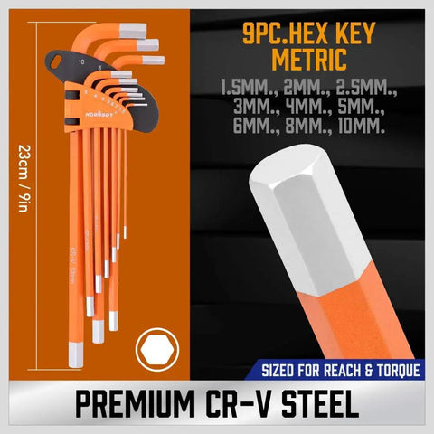 9-piece metric hex key set with long orange handles, size range 1.5mm to 10mm, premium chrome vanadium steel.