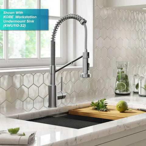 Heavy Duty Stainless Steel Pull Down Kitchen Faucet With Built In Water Filter in a modern kitchen setting with a hexagon backsplash.