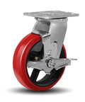 Six Inch Heavy Duty Industrial Casters Featuring Crowned Red Polyurethane Treads And Rock Solid Cast Iron Cores ideally suited for mobile toolboxes.