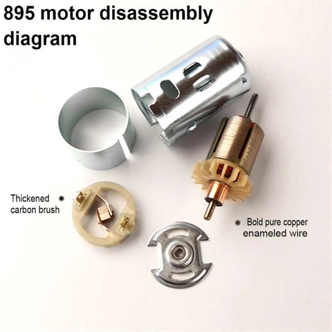 895 motor disassembly diagram showing components like thickened carbon brush and pure copper wire.