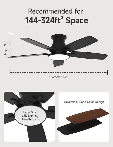 Flush Mount Ceiling Fan With Light 52 Inch Remote Control 3CCT Dimmable LED Six Speed Ultra Quiet Reversible DC Motor, size details