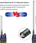 Comparison of standard vs AR-771 antenna for Long Range Handheld Two Way Radio 10W Rechargeable With NOAA Weather Emergency Mode Tactical Radio