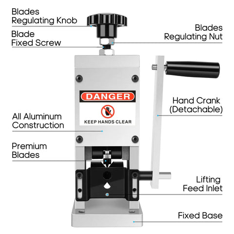 Front view of Heavy Duty Wire Stripping Machine for Scrap Copper Wiring, 1.5 to 25 mm Cable Range with labels showing parts and features