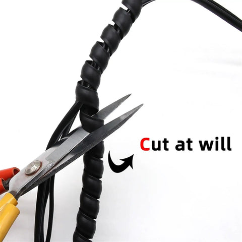 Yellow Flexible Spiral Cable Protector Sleeve For 10mm To 14mm Cables 10 Meters Long Wire Organizer being cut with scissors