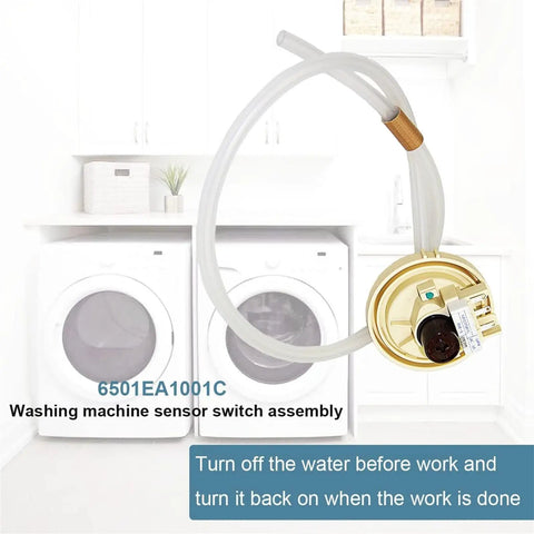 6501EA1001C Real Time Water Level Sensor Switch For Washing Machines High Precision Durable Component No Fuss Easy Install Real Time Monitoring During Wash Rinse And Drain Cycles For Top Notch Water Control And Long Lasting Performance. Washing machine sensor switch assembly with hose and gold housing