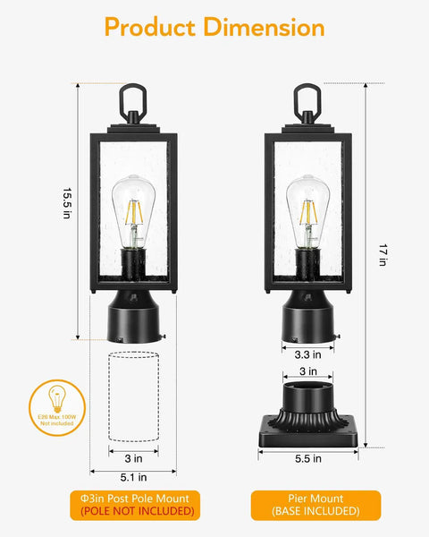 Hardwired 120V Dusk To Dawn Outdoor Post Light Black Exterior Lantern With Pier Mount Base dimensions illustration