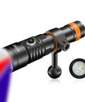 Underwater Video Light 2300 Lumens For Dive Photography Tri Color White Red Violet UV 120 Degree Wide Beam Fluorescent Night Diving Fill Light Waterproof Scuba Light For Bright Clear Colorful Shots with mounting ball and LEDs visible.