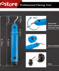 Blue multifunctional flaring tool with 360-degree swivel head, dimensions and features shown for precise shaping.