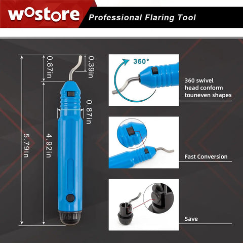 Blue multifunctional flaring tool with 360-degree swivel head, dimensions and features shown for precise shaping.