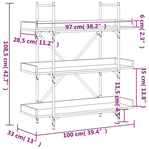 Dimensions diagram of Engineered Wood 3 Tier Bookcase With Black Metal Frame, 42.7 Inch Tall Bookshelf For Books And Decor