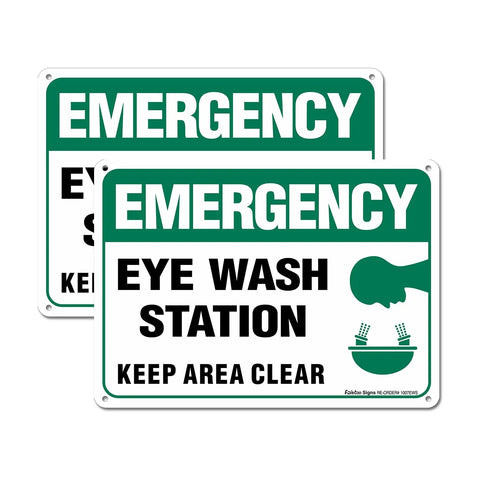 Two Pack Emergency Eye Wash Station Sign Keep Area Clear Sign 10 By 7 Inches Rust Free Aluminum UV Protected Weather Resistant