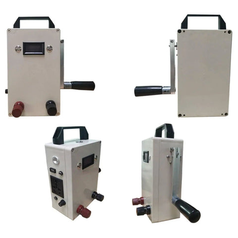 150W Portable Outdoor Emergency Generator with hand crank and solar power, showing multiple outputs and compact design.
