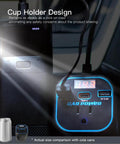 Road Trip Ready 200W Car Power Inverter Swaps 12V To 110V AC Outlet with dual USB and Type C in cup holder.