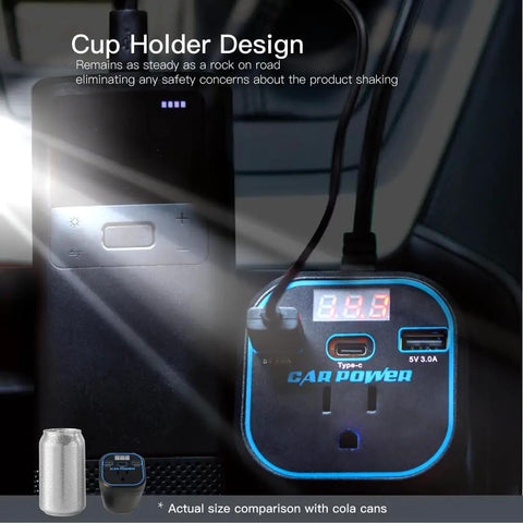 Road Trip Ready 200W Car Power Inverter Swaps 12V To 110V AC Outlet with dual USB and Type C in cup holder.