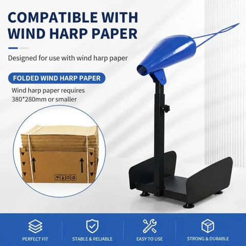 Manual Void Fill Dispenser For Kraft Buffer Paper Adjustable Height Cushioning Machine with blue cone and sturdy base, holds 380x280mm paper.