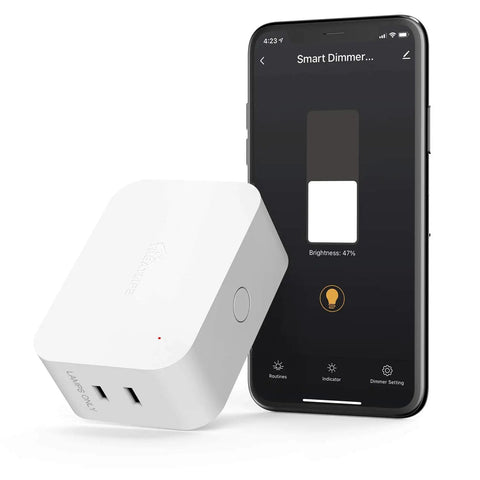 Smart Dimmer Plug For Dimmable Lamps And Lights, 300W Max, Dual Outlets, Works With Dimmable LED CFL Halogen And Incandescent Bulbs, 2.4GHz WiFi Only shown with smartphone app control