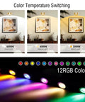 Rechargeable Picture Light For Wall With Remote Control 2000mAh Battery Type C Fast Charging showing color temperatures and RGB modes