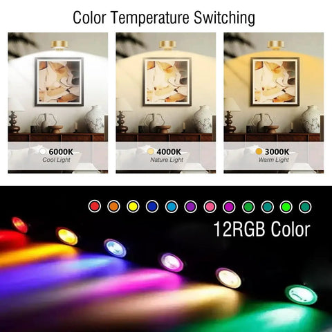 Rechargeable Picture Light For Wall With Remote Control 2000mAh Battery Type C Fast Charging showing color temperatures and RGB modes