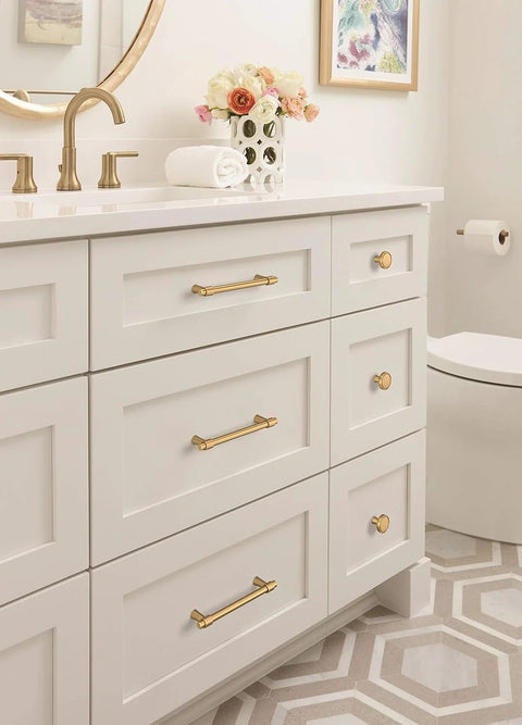 Champagne Bronze Destine Cabinet Pull 5-1/16 Inch Center-To-Center on white bathroom drawers, modern design