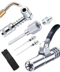 All In One Pro Grade Grease Gun Fittings Kit With 90 Degree Coupler And Sleeves, Needle Nozzles, Tips, And Zerk Cleaner components.