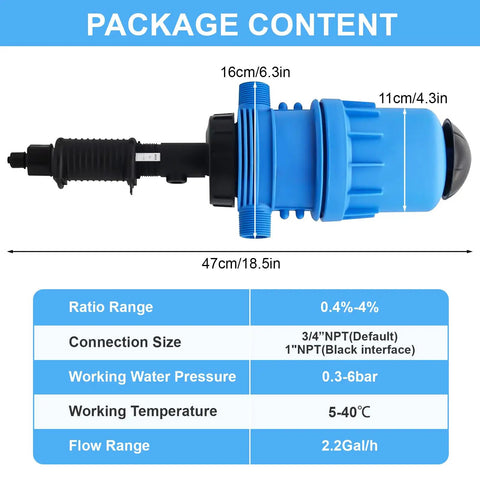 Dimensions and specifications of 0.4 To 4 Percent Adjustable Fertilizer Injector For Drip Irrigation And Automatic Liquid Dosing Pump.