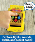 Switcheroo Coding Crew Screen Free Robot Kit For Kids Hands On Push Button Coding toy, yellow plastic, child pressing buttons