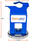 Magnetic MIG Welding Torch Holder With Ultra Strong Base for secure storage and quick access; blue metal clamp front view.