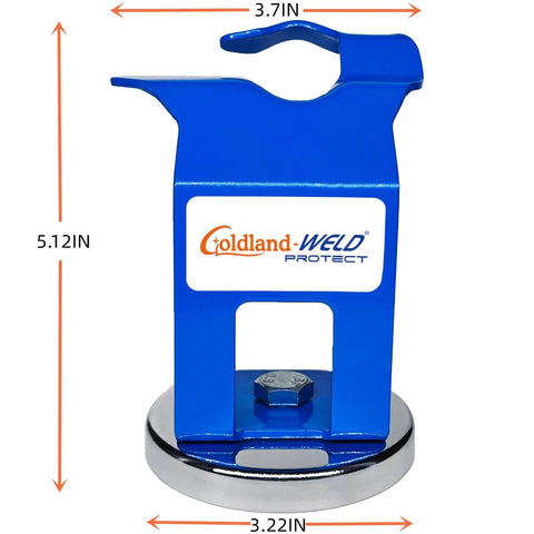 Magnetic MIG Welding Torch Holder With Ultra Strong Base for secure storage and quick access; blue metal clamp front view.
